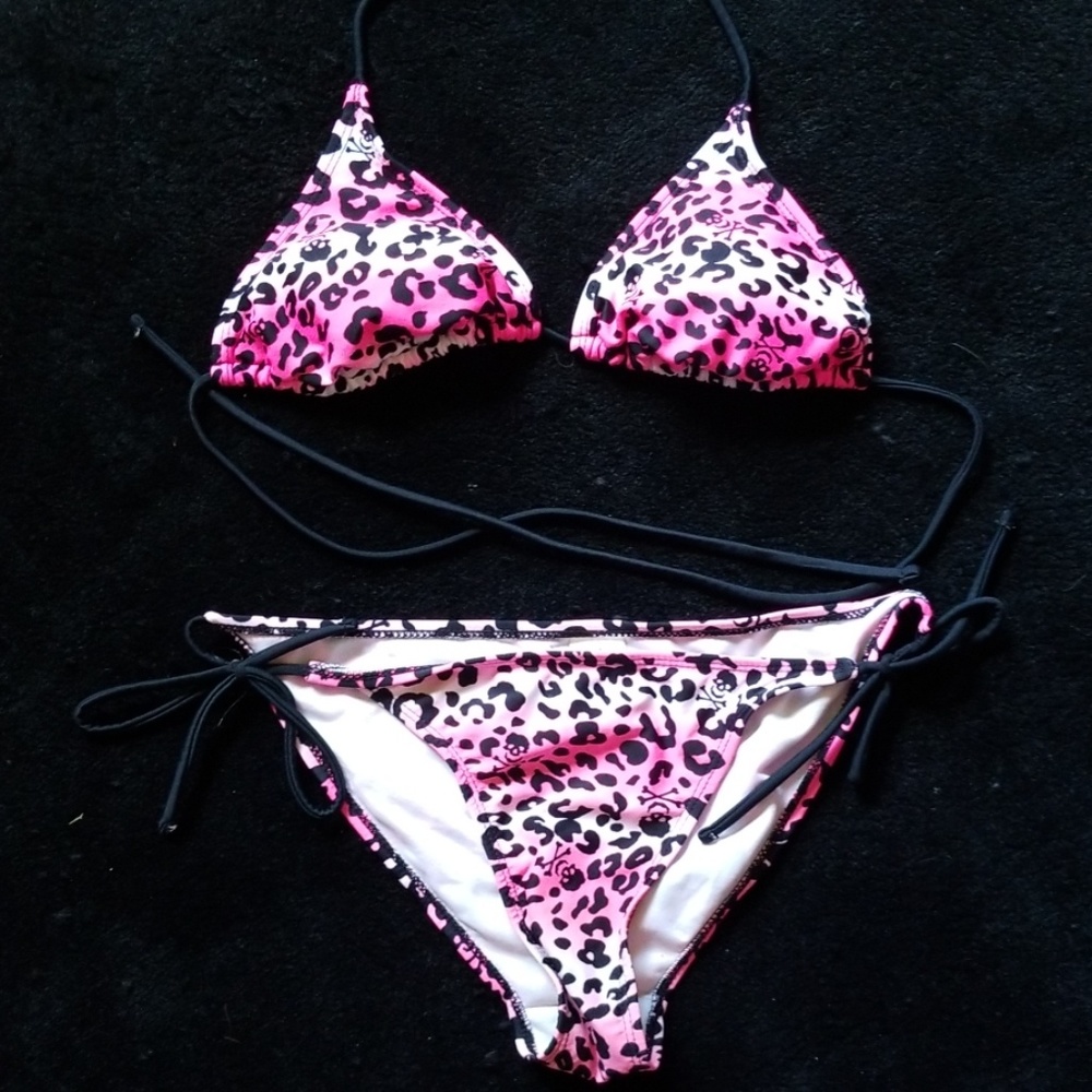Pink Leopard Skull Crossbones Bikini Medium
